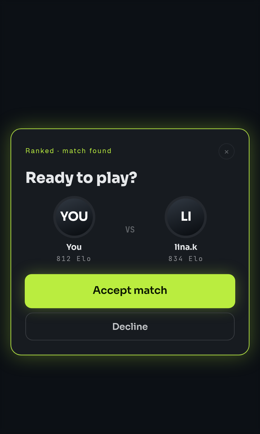 A ranked match: accept, 3-2-1 countdown, then the board appears and the clock starts