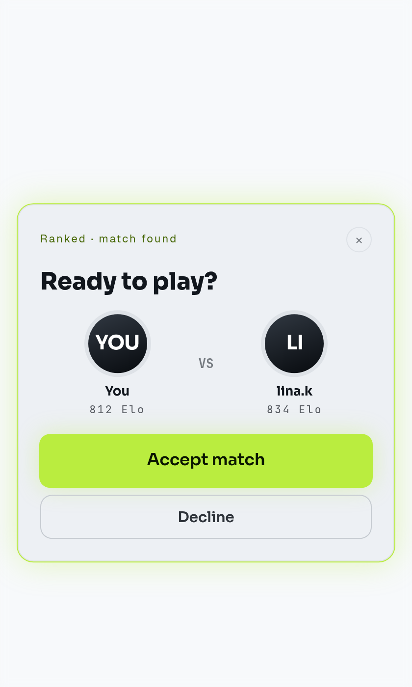 A ranked match: accept, 3-2-1 countdown, then the board appears and the clock starts